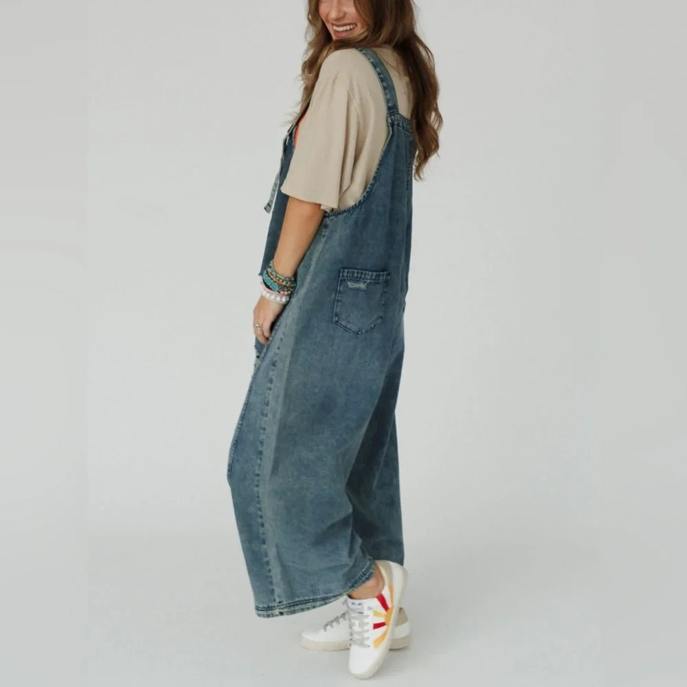 Three Bird Nest Distressed Blue Denim Overalls - Picture 2 of 9
